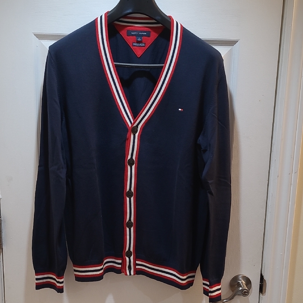 Tommy Hilfiger Men's Cardigan in Navy with Red and White Trim